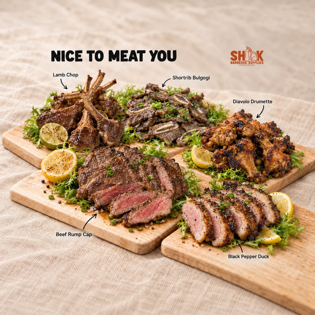 Nice To MEAT You BBQ Set for 15 to 40 people with Lamb Chop, Shortrib Bulgogi, Diavolo Drumette and Beef Rump Cap, Shiok BBQ Singapore