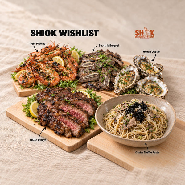 Seriously SHIOK Wishlist BBQ Set for 10 to 30 people with Tiger Prawns, Shortrib Bulgogi, Hyogo Oyster and USDA Ribeye, Shiok BBQ Singapore
