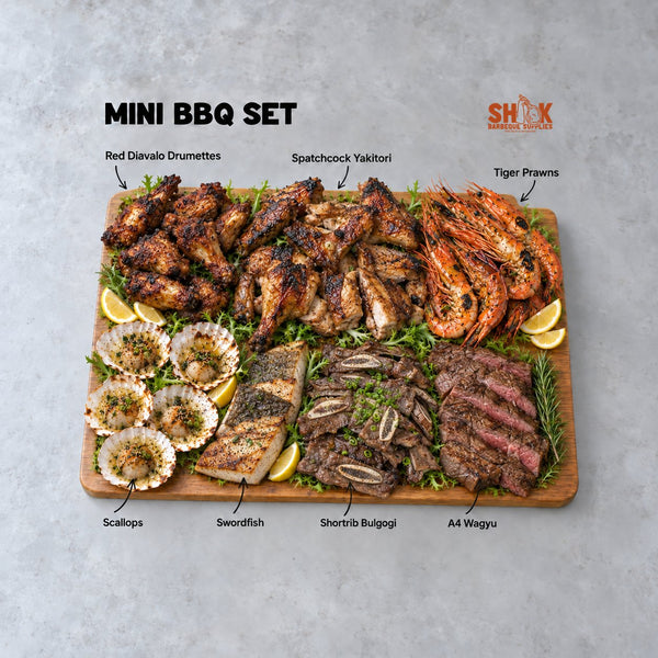 Shiok MINI BBQ Set for 3 to 5 people with Red Diavalo Drumettes, Spatchcock Yakitori, Tiger Prawns and Scallops, Shiok BBQ Singapore