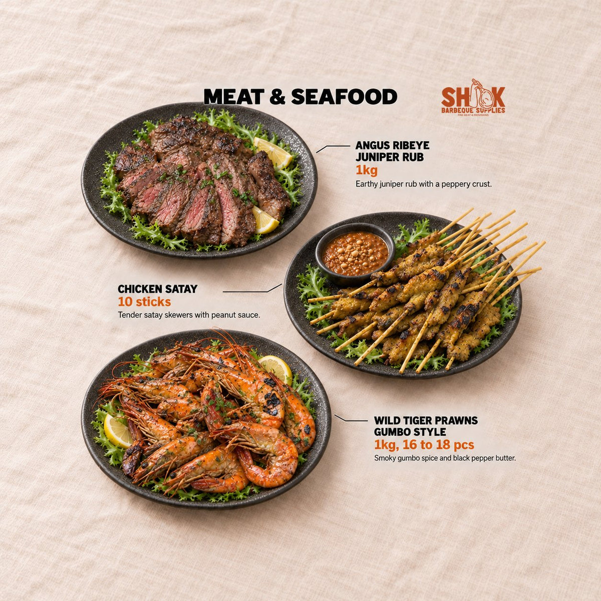 Angus Ribeye Juniper Rub, Chicken Satay and Wild Tiger Prawns Gumbo Style in the Shiok-Down Showdown BBQ Set (5-7 pax), Shiok BBQ Singapore
