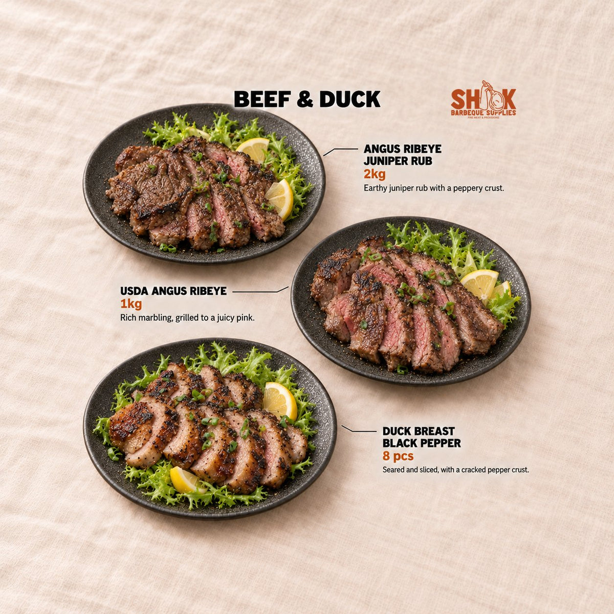 Angus Ribeye Juniper Rub, USDA Angus Ribeye and Duck Breast Black Pepper in the SHIOK Party Set (25 pax), Shiok BBQ Singapore