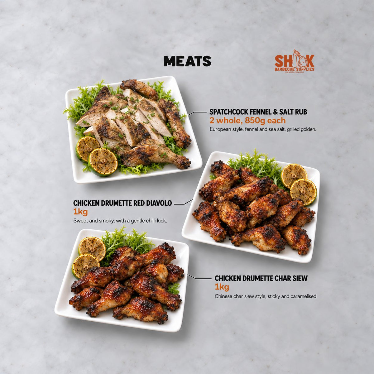 Spatchcock Fennel & Salt Rub and Chicken Drumette Red Diavolo in the Why Shiok Cheap BBQ Set, Shiok BBQ Singapore