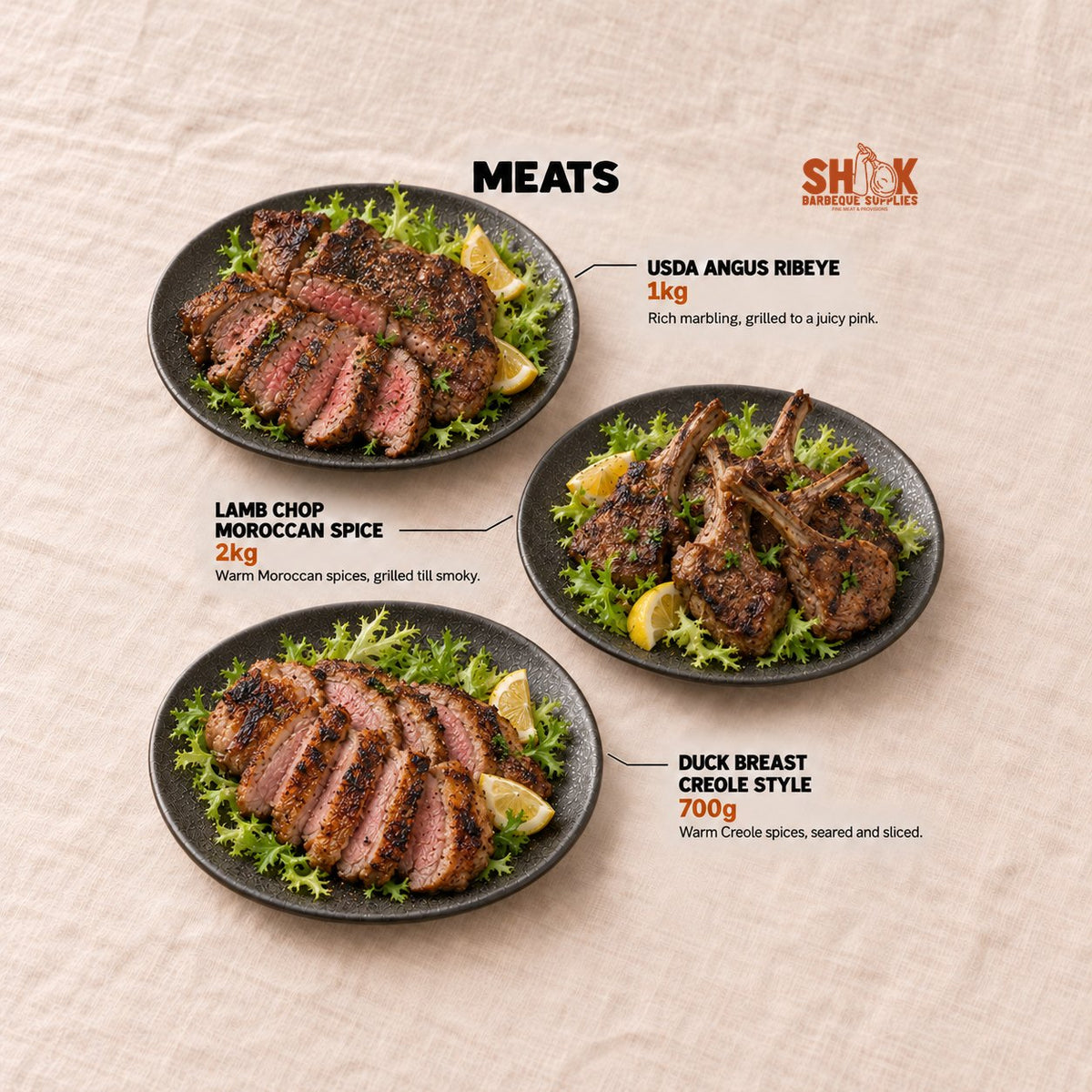 USDA Angus Ribeye, Lamb Chop Moroccan Spice and Duck Breast Creole Style in the International BBQ Set (15-20 pax), Shiok BBQ Singapore