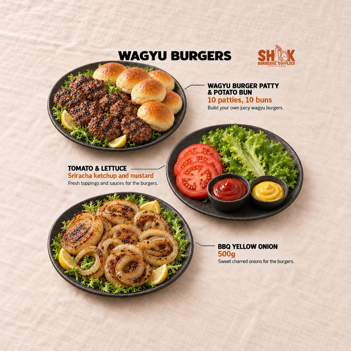 Wagyu Burger Patty & Potato Bun, Tomato & Lettuce and BBQ Yellow Onion in the DIY Wagyu Burger and BBQ Set (8-10 pax), Shiok BBQ Singapore
