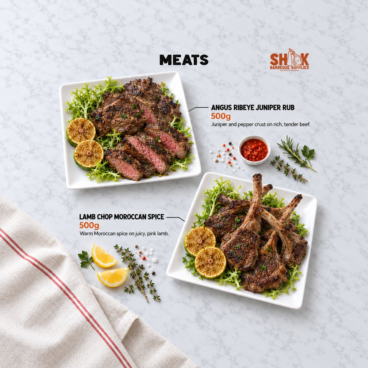 Angus Ribeye Juniper Rub and Lamb Chop Moroccan Spice in the BBQ Mini Kaki Set, Shiok BBQ Singapore