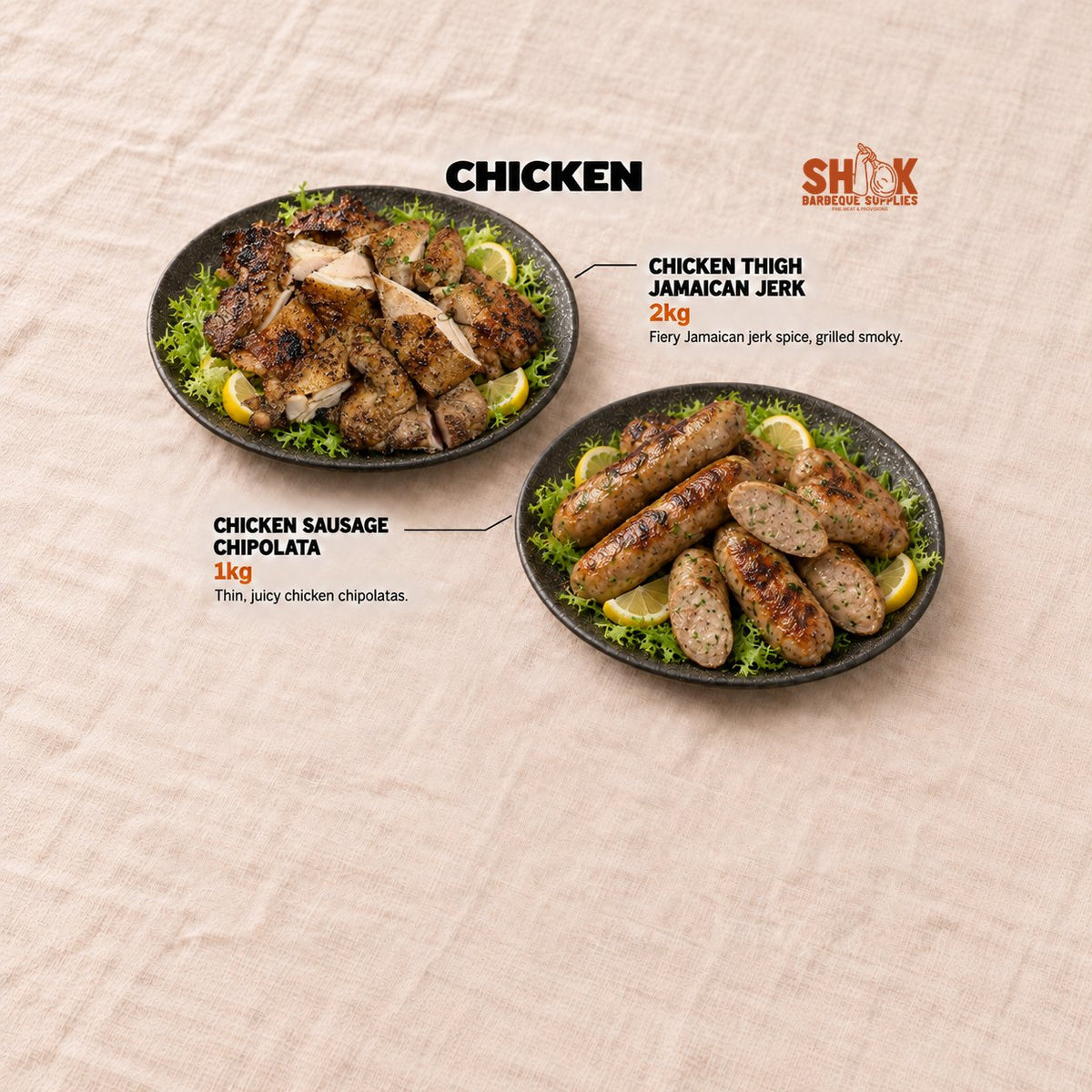 Chicken Thigh Jamaican Jerk and Chicken Sausage Chipolata in the LOB LOB YOU Premium BBQ Set (15-20 pax), Shiok BBQ Singapore