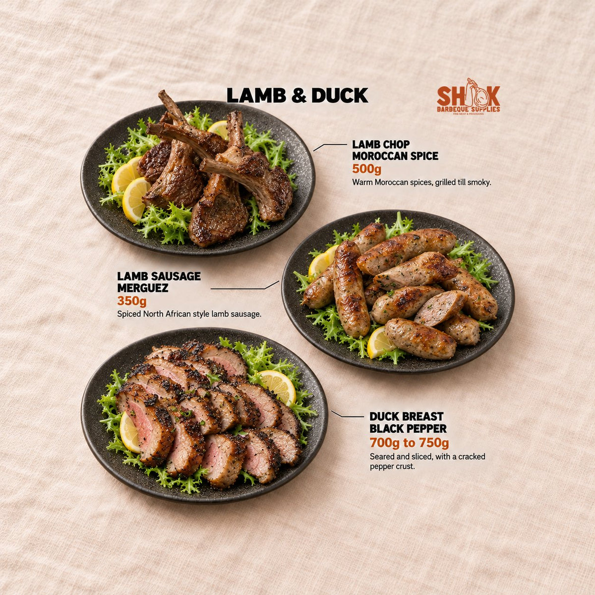 Lamb Chop Moroccan Spice, Lamb Sausage Merguez and Duck Breast Black Pepper in the Nice To MEAT You BBQ Set (15-20 pax), Shiok BBQ Singapore