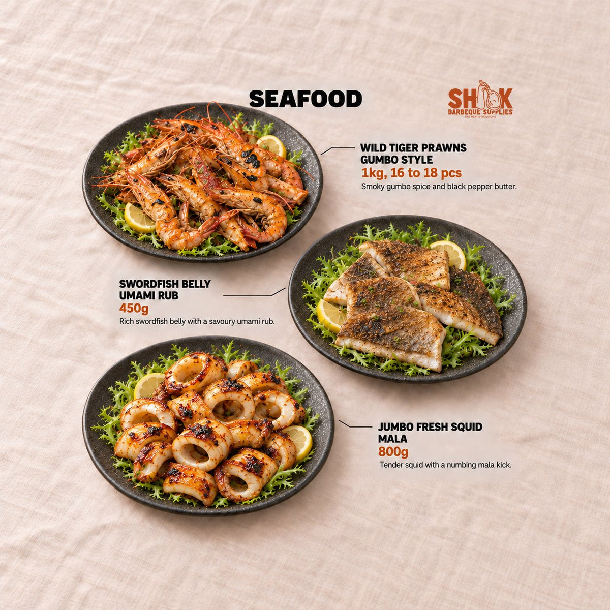 Wild Tiger Prawns Gumbo Style and Swordfish Belly Umami Rub in the Seriously SHIOK Wishlist BBQ Set (10-15 pax), Shiok BBQ Singapore