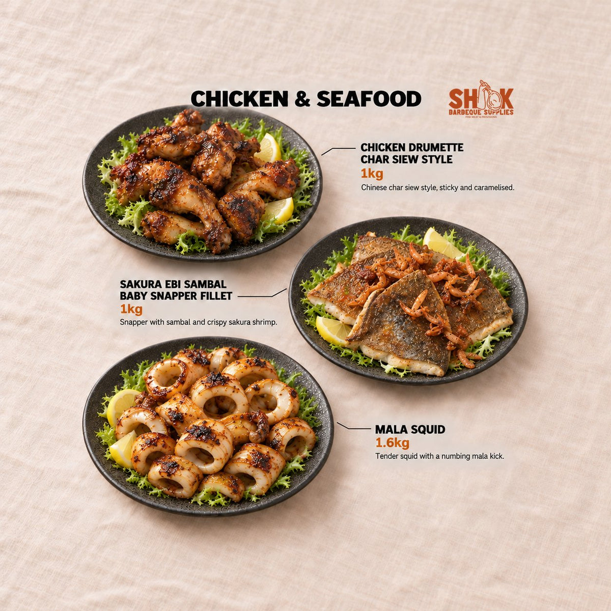 Chicken Drumette Char Siew Style, Sakura Ebi Sambal Baby Snapper Fillet and Mala Squid in the SHIOK Party Set (25 pax), Shiok BBQ Singapore