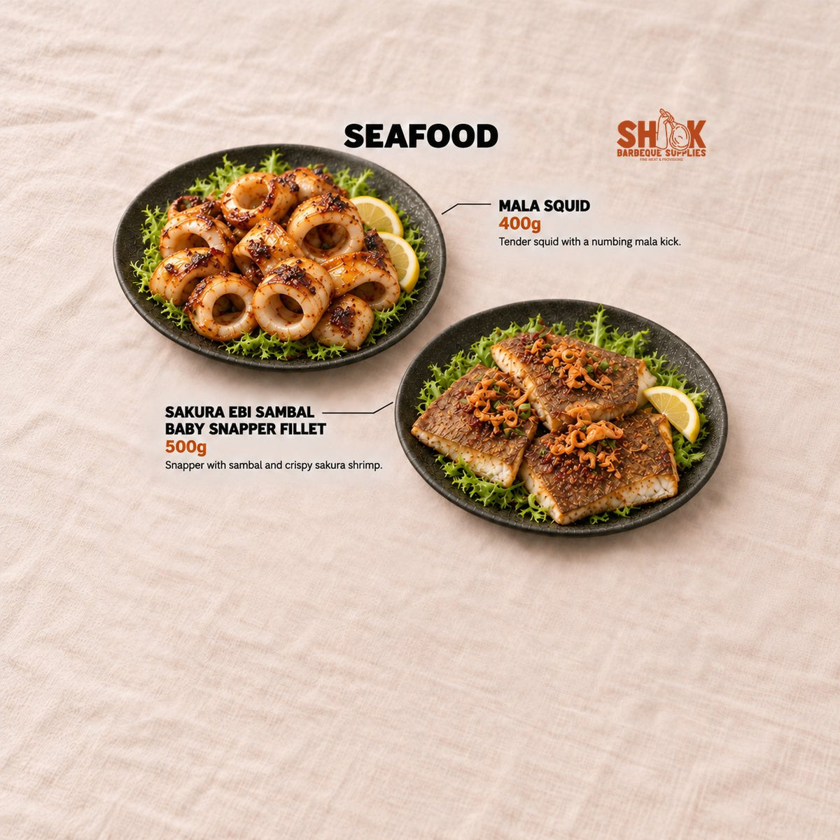 Mala Squid and Sakura Ebi Sambal Baby Snapper Fillet in the BBQ Gang Set (15-20 pax), Shiok BBQ Singapore