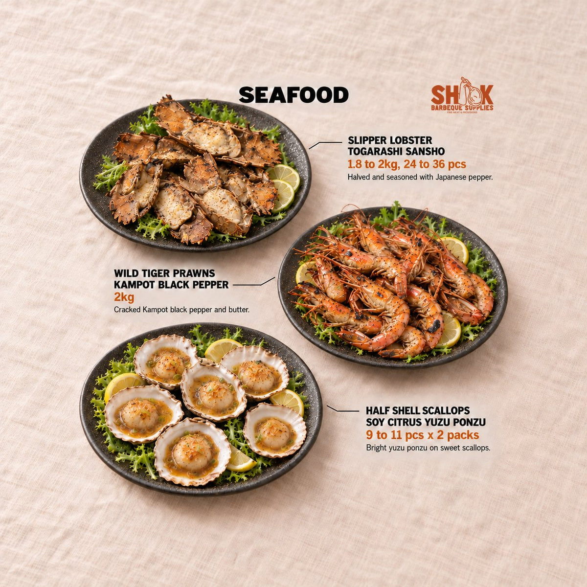 Slipper Lobster Togarashi Sansho and Wild Tiger Prawns Kampot Black Pepper in the International BBQ Set (15-20 pax), Shiok BBQ Singapore