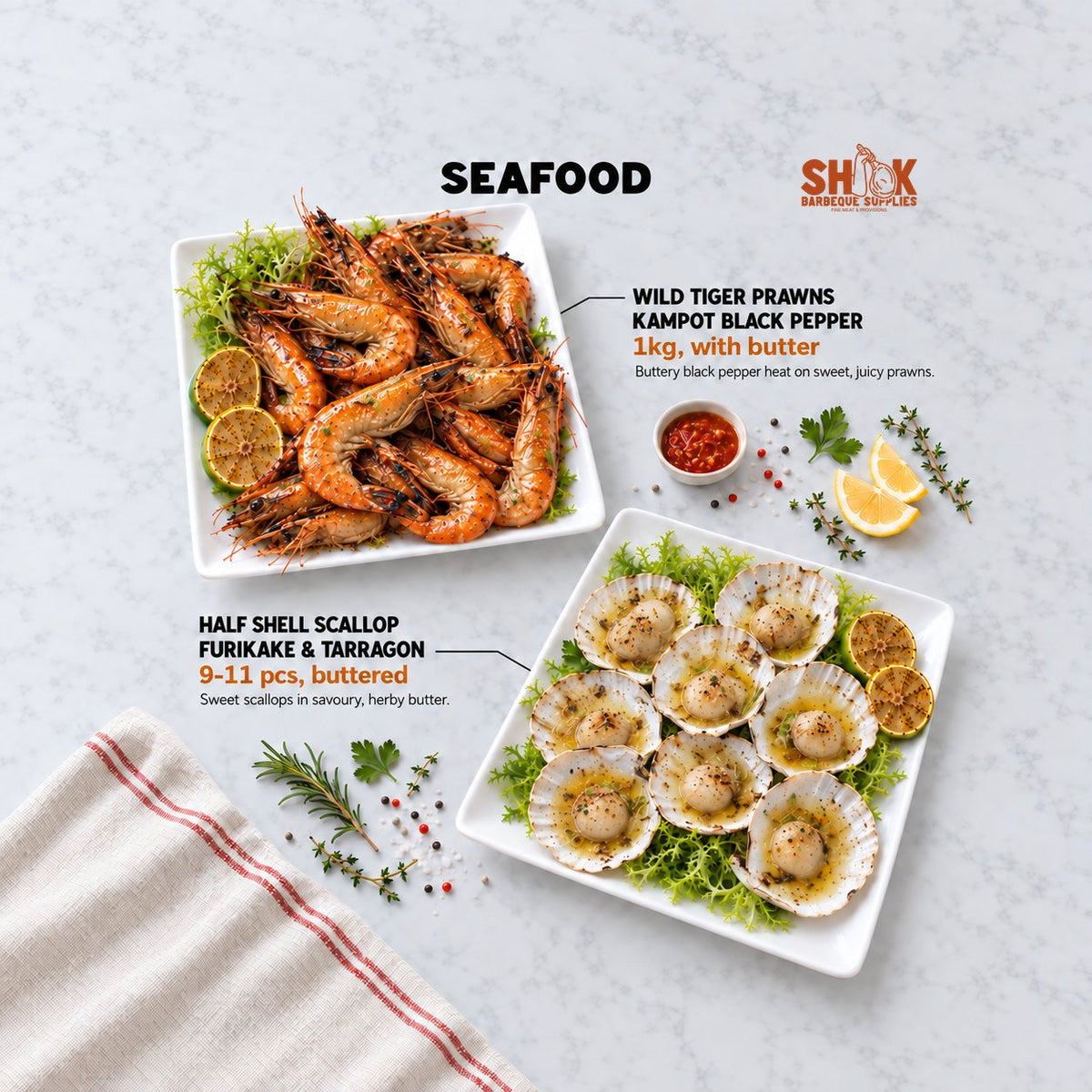 Wild Tiger Prawns Kampot Black Pepper and Half Shell Scallop Furikake & Tarragon in the BBQ Kaki Set, Shiok BBQ Singapore