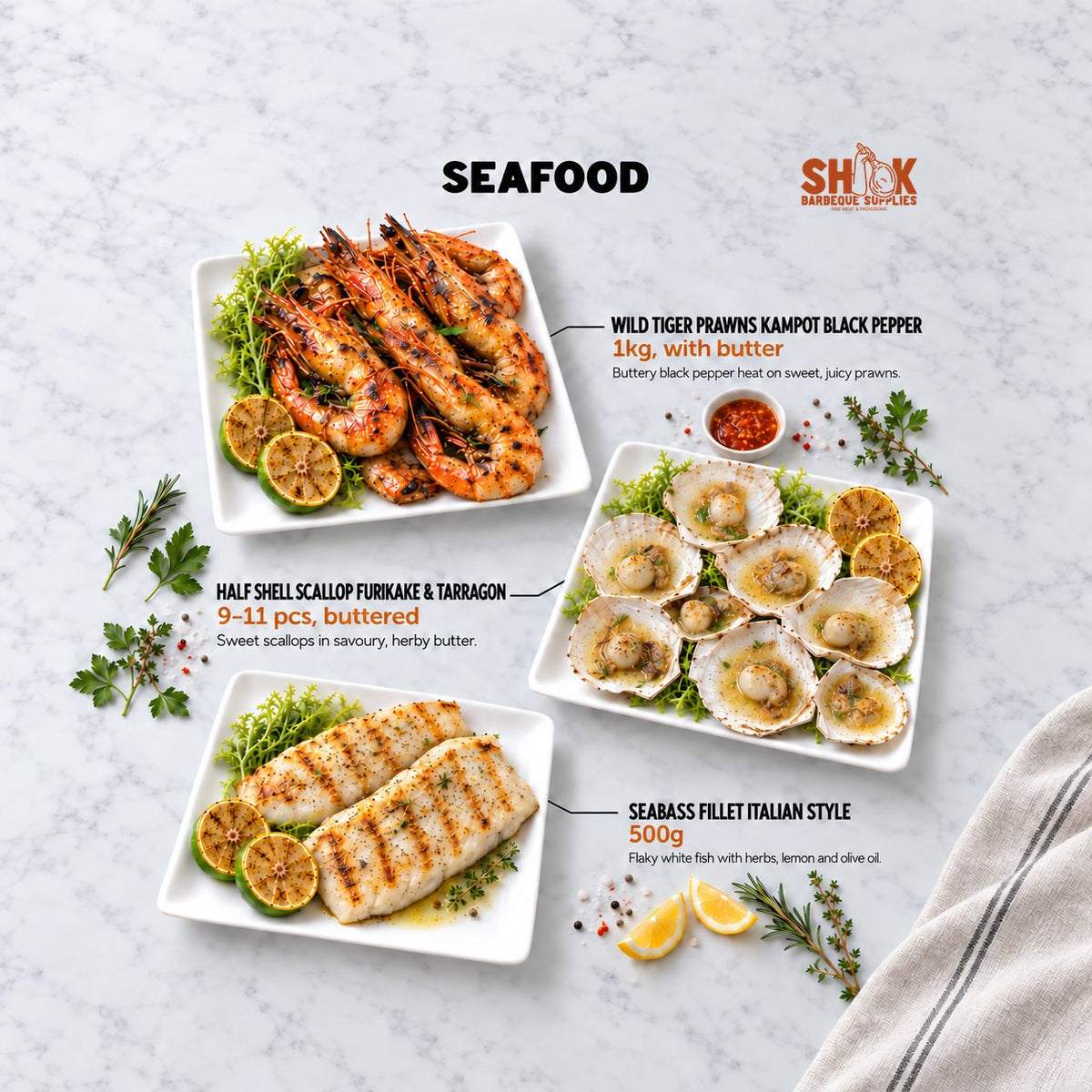 Wild Tiger Prawns Kampot Black Pepper and Half Shell Scallop Furikake & Tarragon in the BBQ Mini Kaki Set, Shiok BBQ Singapore