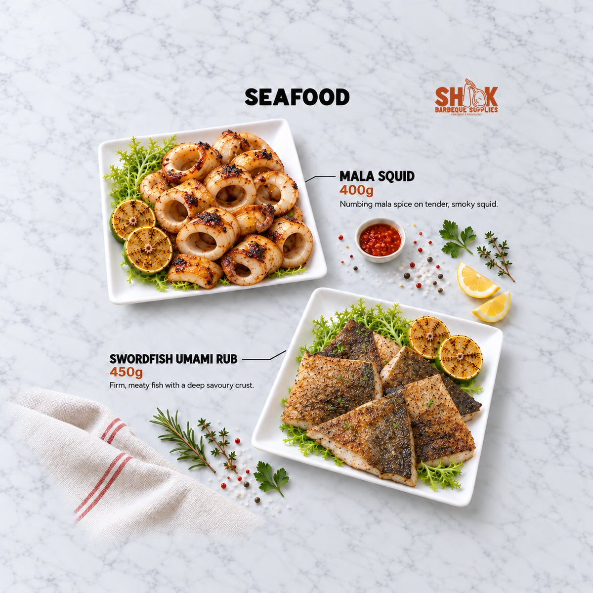 Mala Squid and Swordfish Umami Rub in the BBQ Kaki Set, Shiok BBQ Singapore