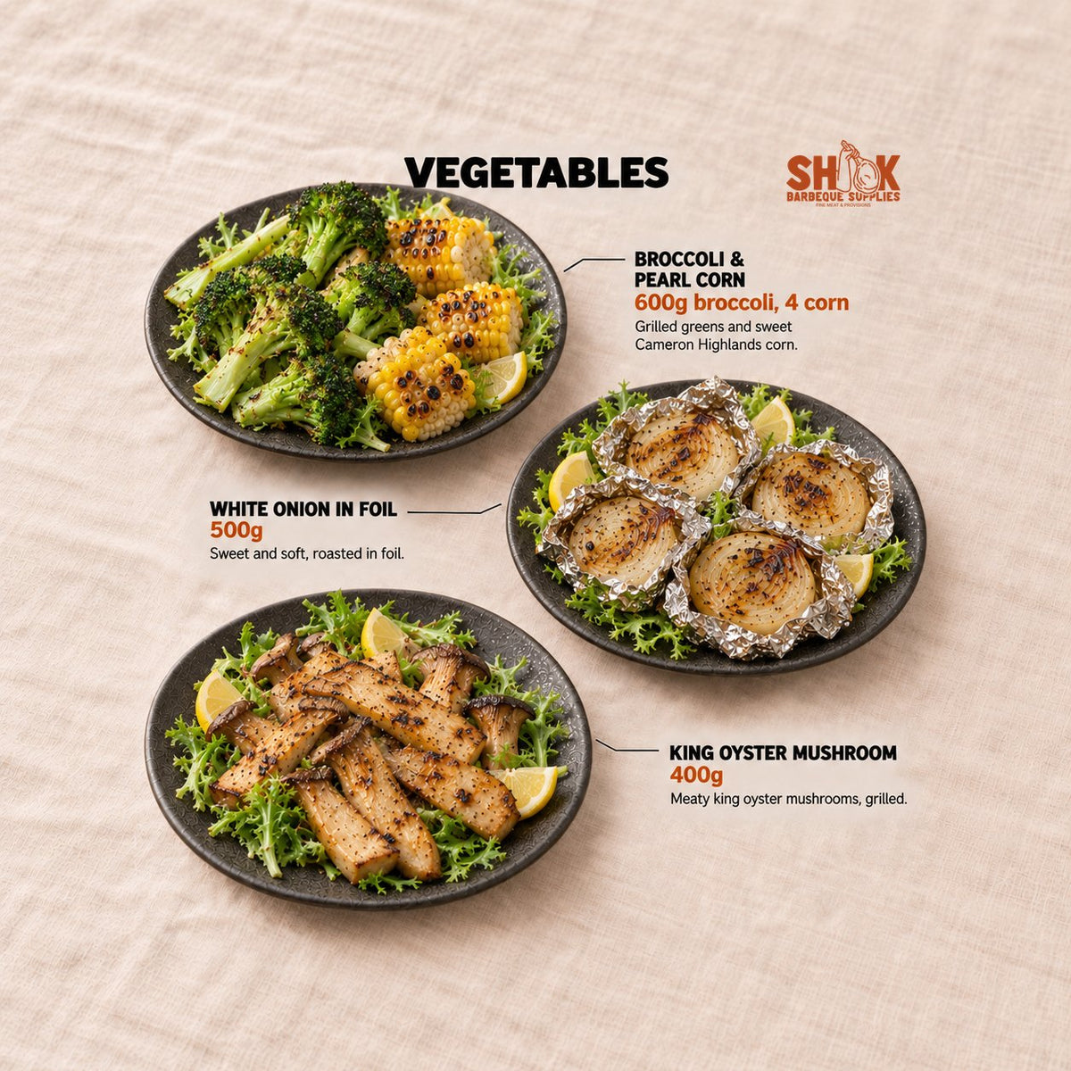 Broccoli & Pearl Corn, White Onion in Foil and King Oyster Mushroom in the Seriously SHIOK Wishlist BBQ Set (10-15 pax), Shiok BBQ Singapore