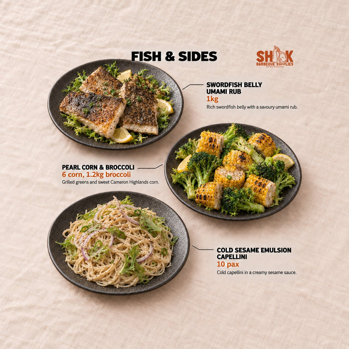 Swordfish Belly Umami Rub and Pearl Corn & Broccoli in the International BBQ Set (15-20 pax), Shiok BBQ Singapore