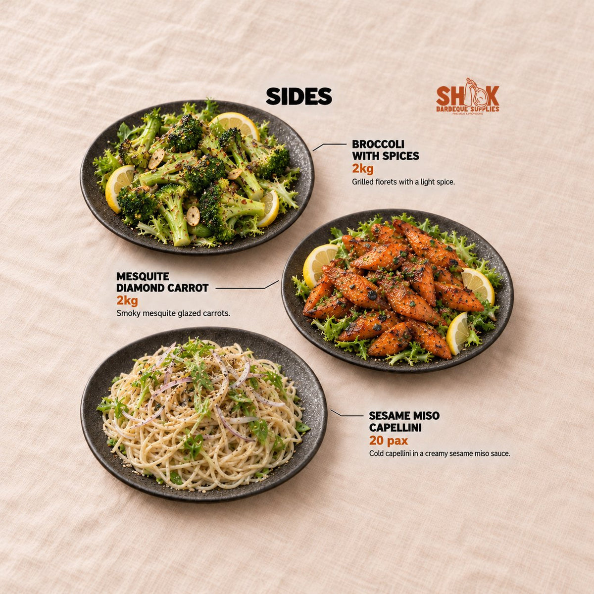 Broccoli with Spices, Mesquite Diamond Carrot and Sesame Miso Capellini in the SHIOK Party Set (25 pax), Shiok BBQ Singapore