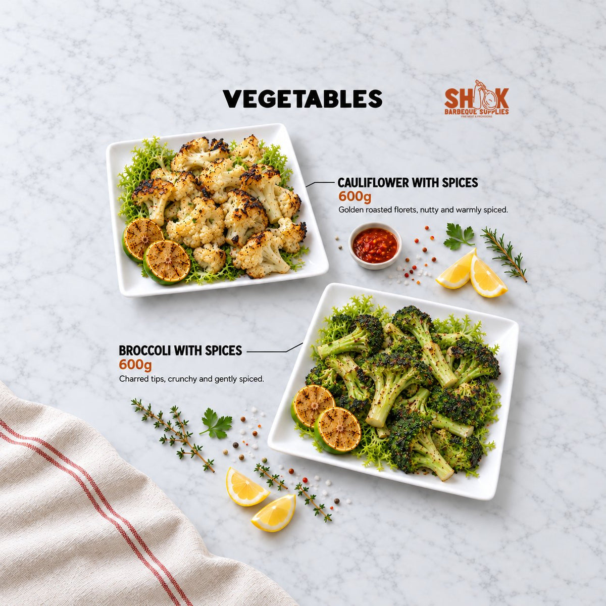 Cauliflower with Spices and Broccoli with Spices in the BBQ Mini Kaki Set, Shiok BBQ Singapore