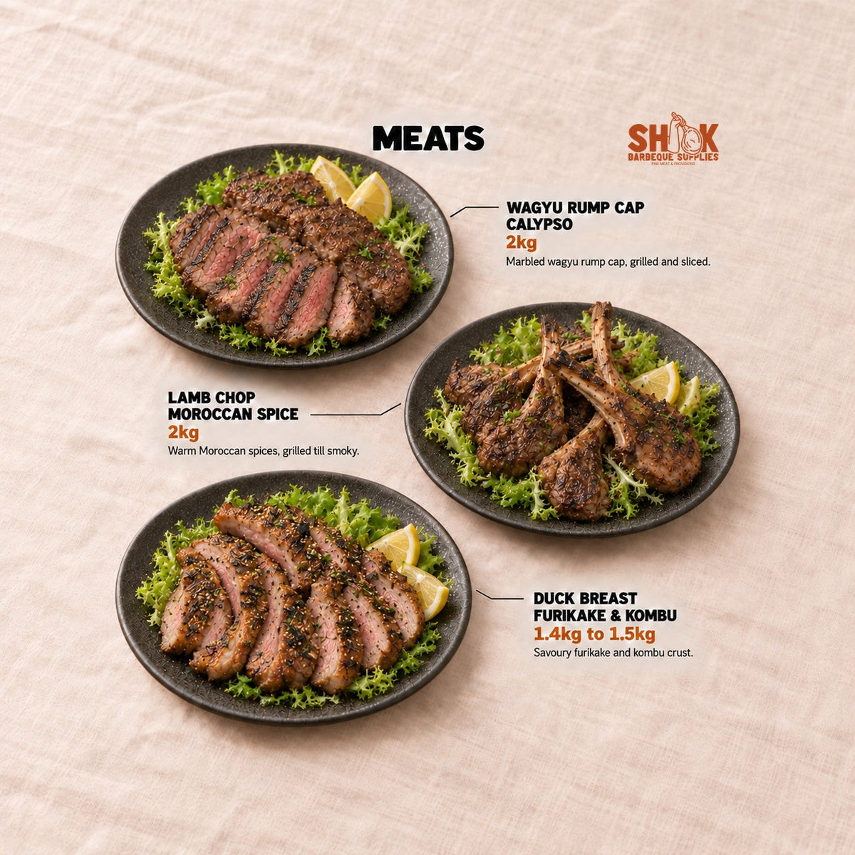 Wagyu Rump Cap Calypso and Lamb Chop Moroccan Spice in the LOB LOB YOU Premium BBQ Set (30-40 pax), Shiok BBQ Singapore