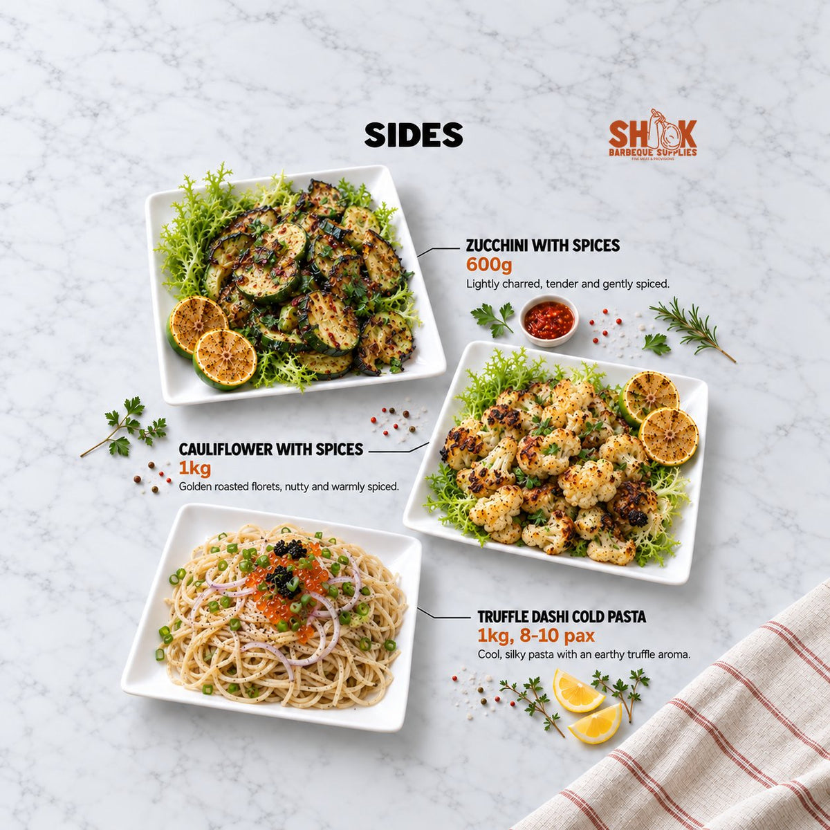 Zucchini with Spices, Cauliflower with Spices and Truffle Dashi Cold Pasta in the BBQ Kaki Set, Shiok BBQ Singapore
