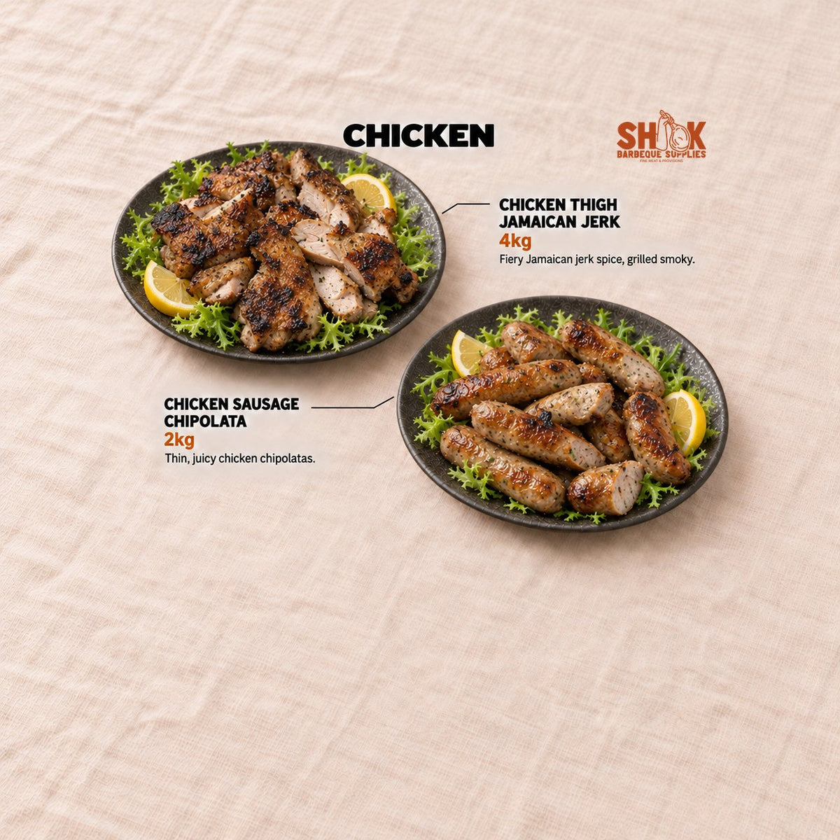 Chicken Thigh Jamaican Jerk and Chicken Sausage Chipolata in the LOB LOB YOU Premium BBQ Set (30-40 pax), Shiok BBQ Singapore