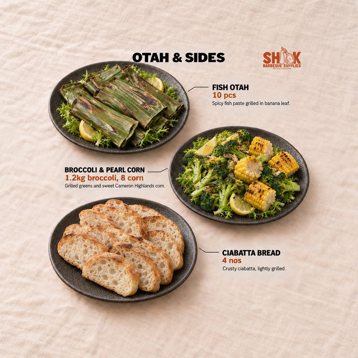 Fish Otah, Broccoli & Pearl Corn and Ciabatta Bread in the LOB LOB YOU Premium BBQ Set (30-40 pax), Shiok BBQ Singapore