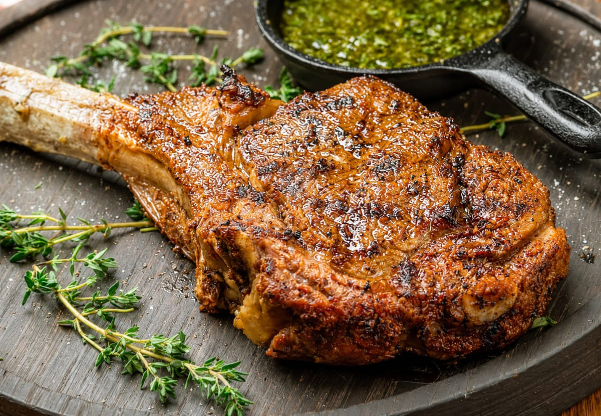 Grilled tomahawk steak with chimichurri on a wooden board, Shiok BBQ Singapore