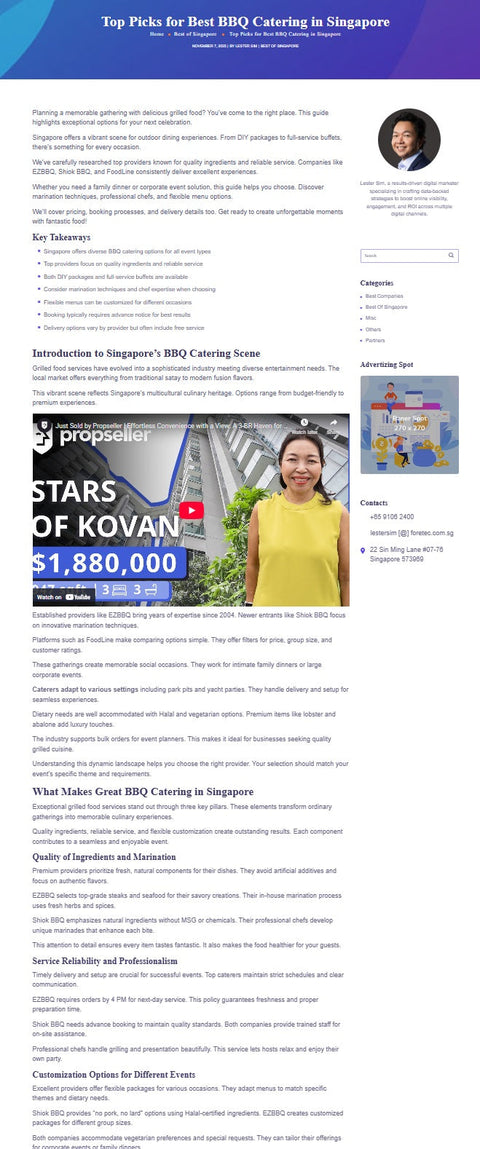 Screenshot of the misleading "Best BBQ Catering in Singapore" article published by SEO agency Foretec. This listicle is designed to manipulate search rankings by using independent brands like Shiok BBQ without authorization or actual food testing.