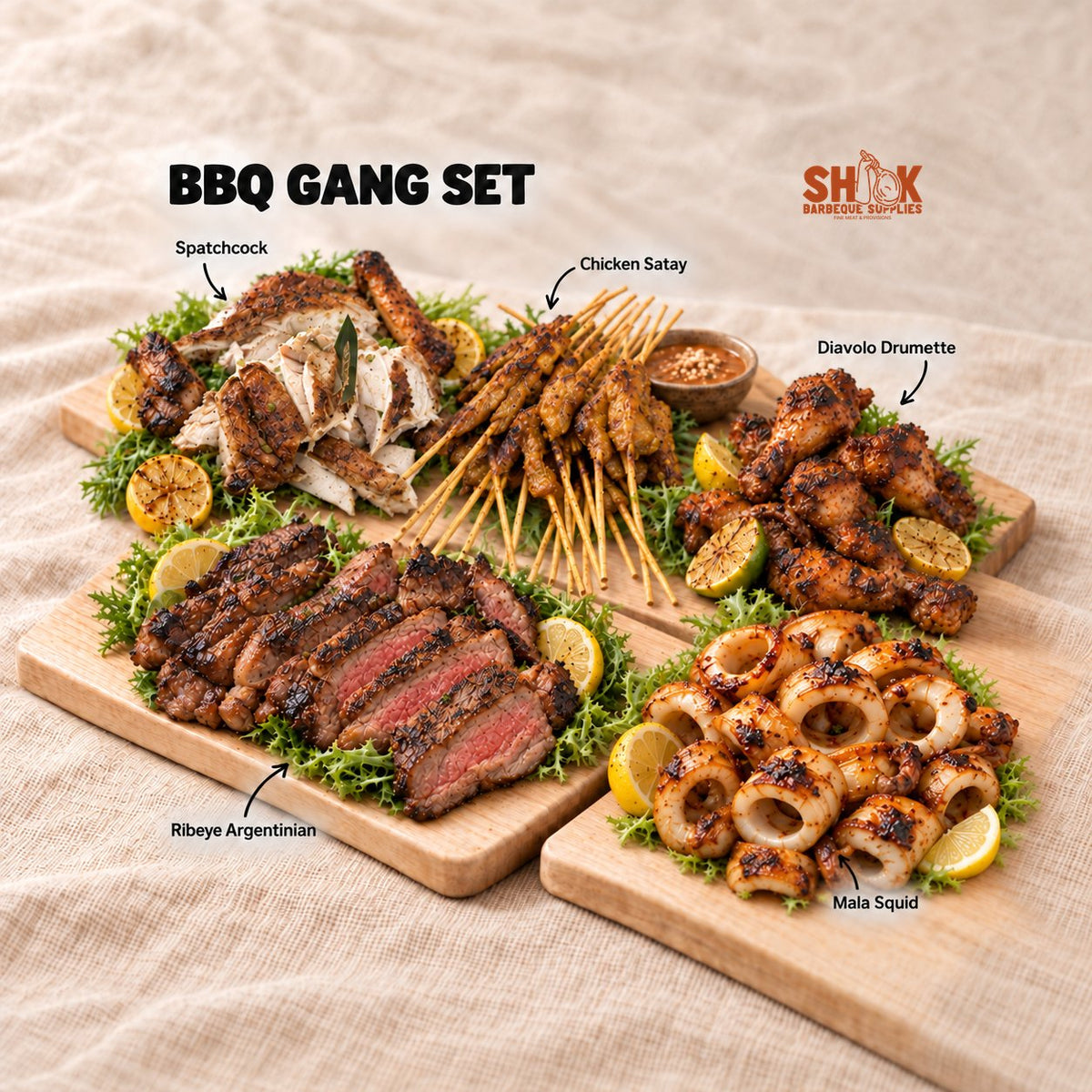 BBQ Gang Set for 15 to 20 people with Spatchcock, Chicken Satay, Diavolo Drumette, Ribeye Argentinian and Mala Squid, Shiok BBQ Singapore