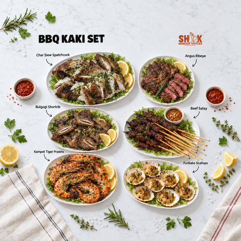 BBQ Kaki Set for 8 to 10 people with Char Siew Spatchcock, Angus Ribeye, Bulgogi Shortrib and Beef Satay, Shiok BBQ Singapore