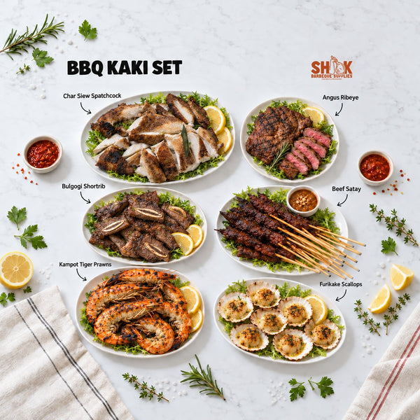 BBQ Kaki Set for 8 to 10 people with Char Siew Spatchcock, Angus Ribeye, Bulgogi Shortrib and Beef Satay, Shiok BBQ Singapore