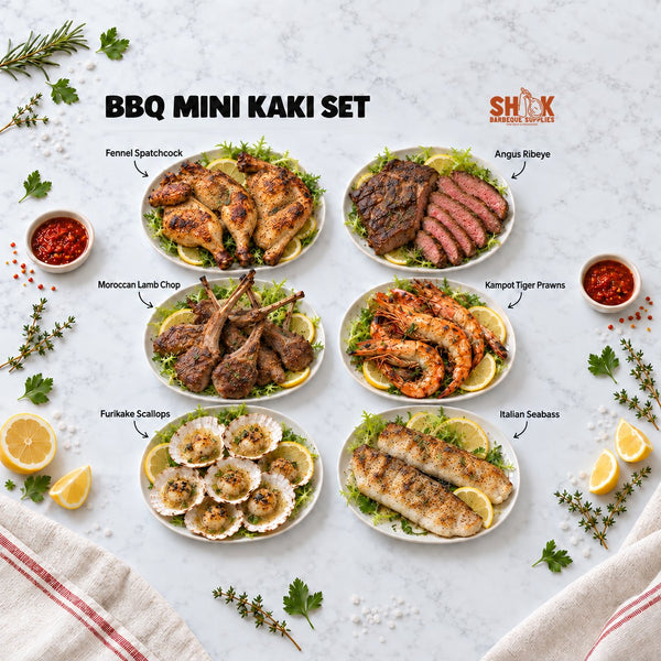 BBQ Mini Kaki Set for 8 to 10 people with Fennel Spatchcock, Angus Ribeye, Moroccan Lamb Chop and Kampot Tiger Prawns, Shiok BBQ Singapore
