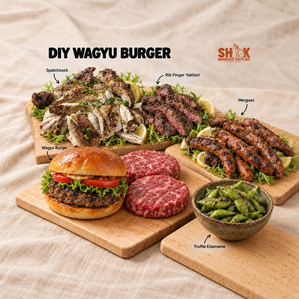 DIY Wagyu Burger and BBQ Set for 8 to 10 people with Spatchcock, Rib Finger Yakitori, Merguez and Wagyu Burger, Shiok BBQ Singapore