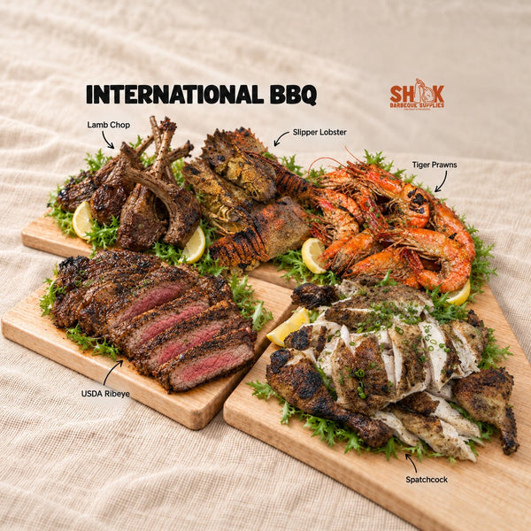 International BBQ Set for 15 to 20 people with Lamb Chop, Slipper Lobster, Tiger Prawns, USDA Ribeye and Spatchcock, Shiok BBQ Singapore