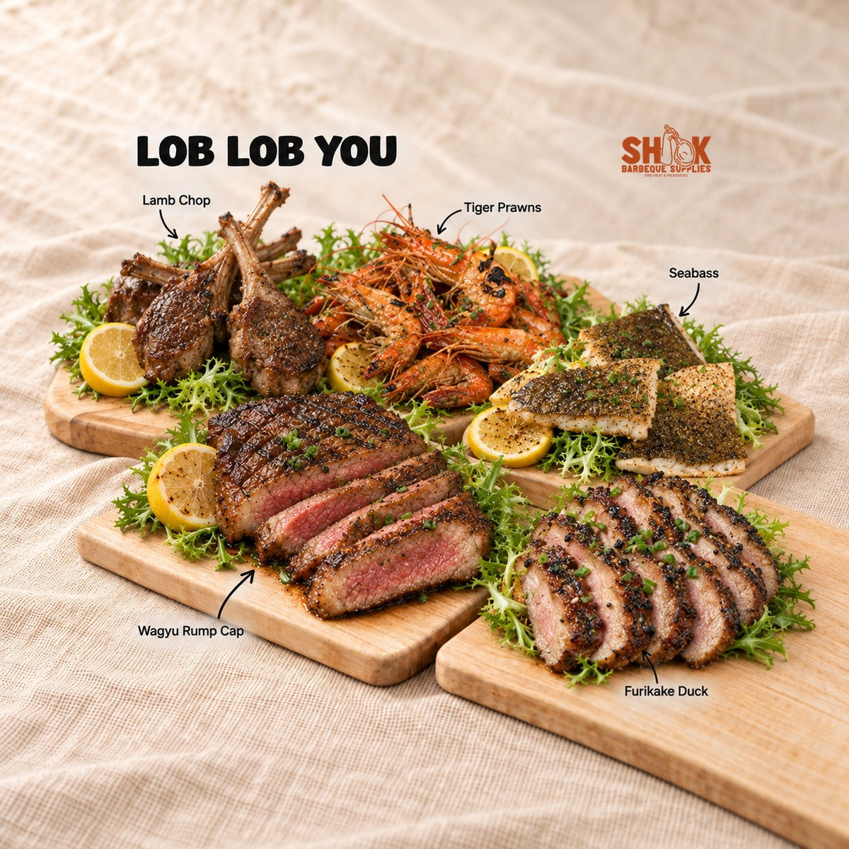 LOB LOB YOU Premium BBQ Set for 15 to 40 people with Lamb Chop, Tiger Prawns, Seabass, Wagyu Rump Cap and Furikake Duck, Shiok BBQ Singapore