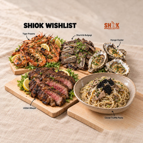 Seriously SHIOK Wishlist BBQ Set for 10 to 30 people with Tiger Prawns, Shortrib Bulgogi, Hyogo Oyster and USDA Ribeye, Shiok BBQ Singapore