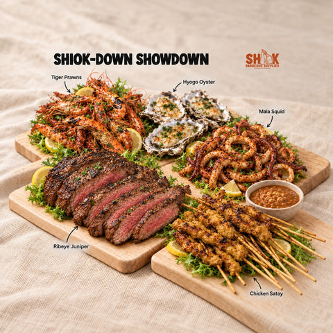 Shiok-Down Showdown BBQ Set for 5 to 21 people with Tiger Prawns, Hyogo Oyster, Mala Squid and Ribeye Juniper, Shiok BBQ Singapore
