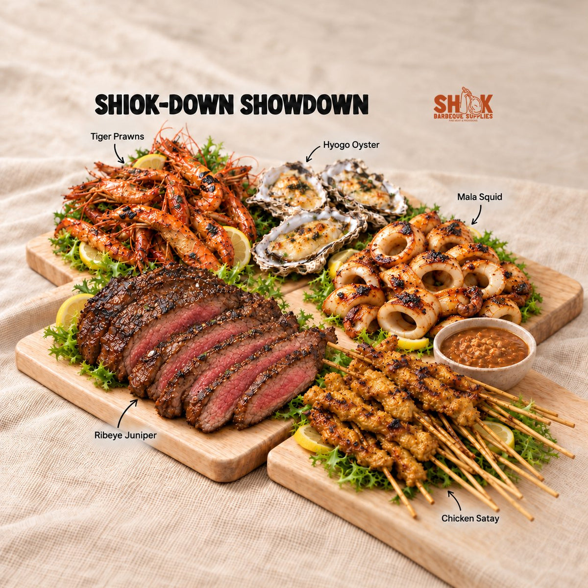 Shiok-Down Showdown BBQ Set for 5 to 21 people with Tiger Prawns, Hyogo Oyster, Mala Squid and Ribeye Juniper, Shiok BBQ Singapore