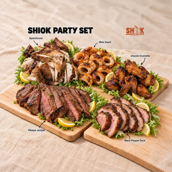 SHIOK Party Set for 25 people with Spatchcock, Mala Squid, Diavolo Drumette, Ribeye Juniper and Black Pepper Duck, Shiok BBQ Singapore