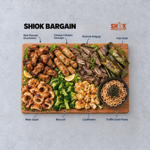 Shiok Shiok Bargain BBQ Set for 8 to 20 people with Red Diavalo Drumettes, Cheese Chicken Sausage and Shortrib Bulgogi, Shiok BBQ Singapore