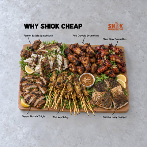 Why Shiok Cheap BBQ Set for 8 to 10 people with Fennel & Salt Spatchcock, Red Diavolo Drumettes and Char Siew Drumettes, Shiok BBQ Singapore