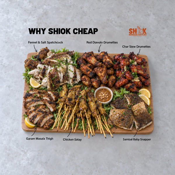 Why Shiok Cheap BBQ Set for 8 to 10 people with Fennel & Salt Spatchcock, Red Diavolo Drumettes and Char Siew Drumettes, Shiok BBQ Singapore