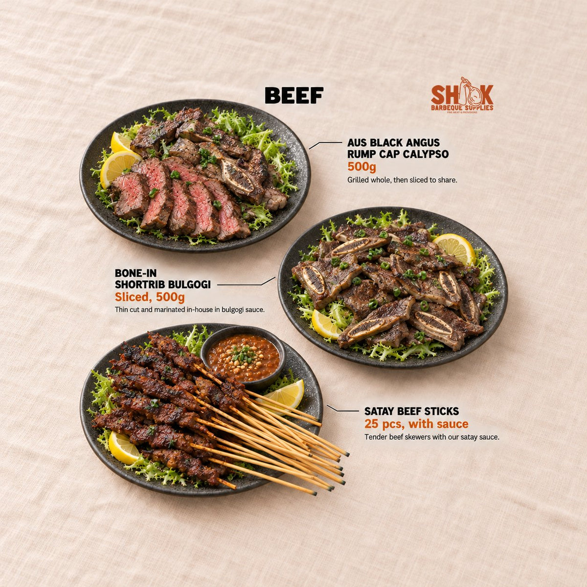 Aus Black Angus Rump Cap Calypso and Bone-in Shortrib Bulgogi in the Nice To MEAT You BBQ Set (15-20 pax), Shiok BBQ Singapore