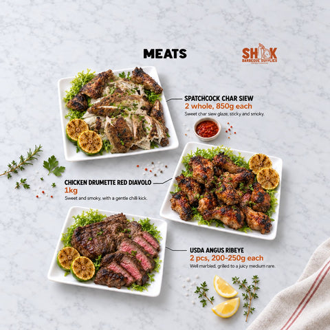 Spatchcock Char Siew, Chicken Drumette Red Diavolo and USDA Angus Ribeye in the BBQ Kaki Set, Shiok BBQ Singapore