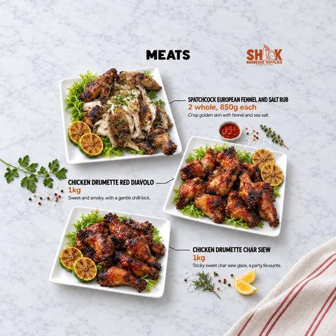 Spatchcock European Fennel and Salt Rub and Chicken Drumette Red Diavolo in the BBQ Mini Kaki Set, Shiok BBQ Singapore