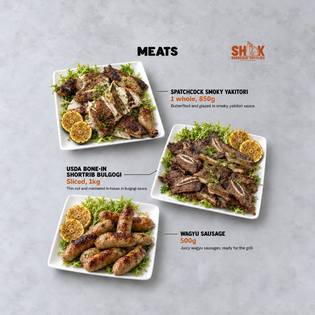Spatchcock Smoky Yakitori, USDA Bone-in Shortrib Bulgogi and Wagyu Sausage in the Shiok MINI BBQ Premium Set, Shiok BBQ Singapore