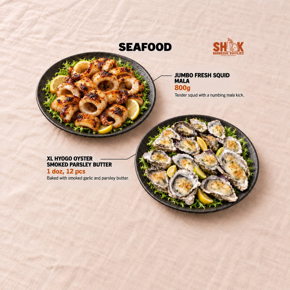 Jumbo Fresh Squid Mala and XL Hyogo Oyster Smoked Parsley Butter in the Shiok-Down Showdown BBQ Set (5-7 pax), Shiok BBQ Singapore
