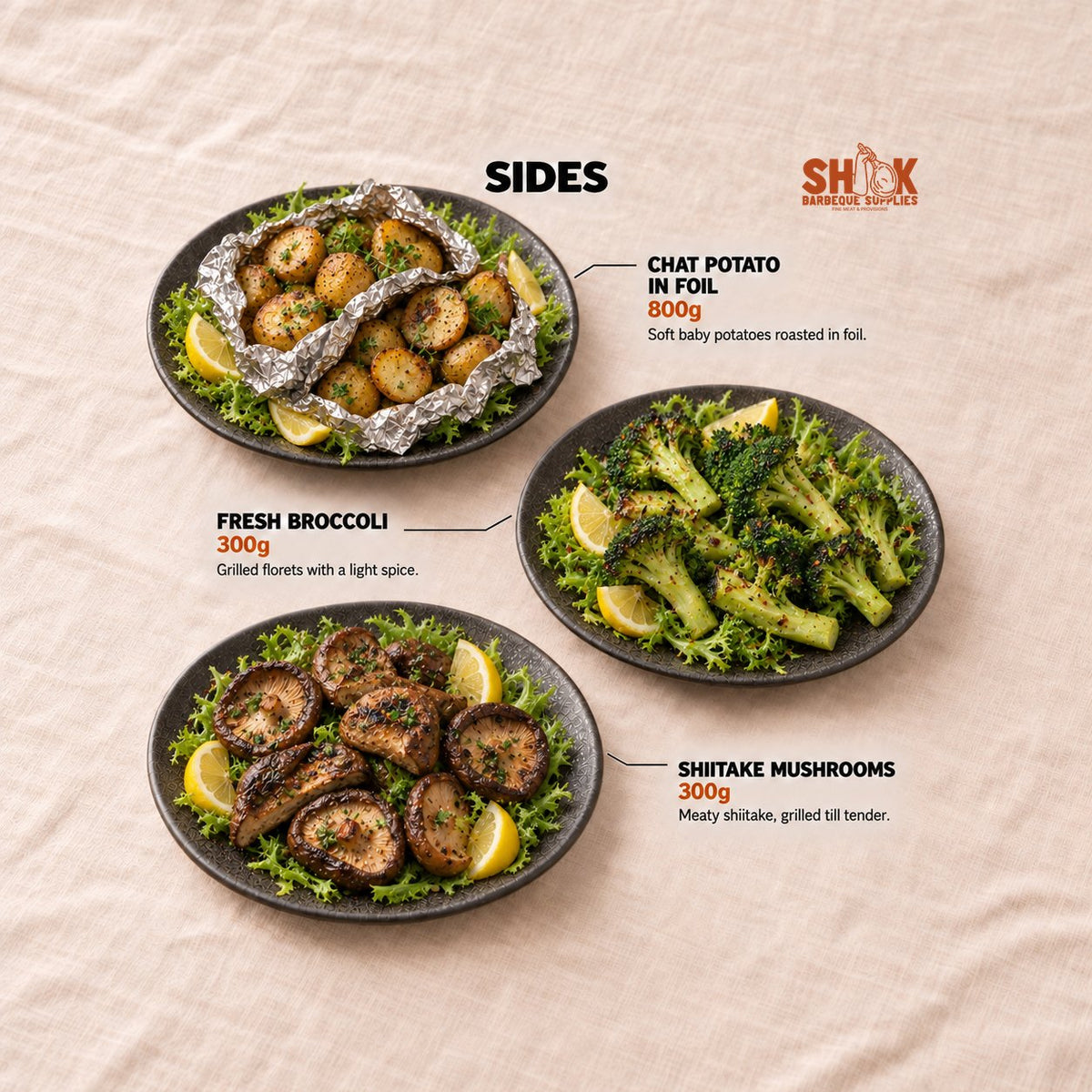 Chat Potato in Foil, Fresh Broccoli and Shiitake Mushrooms in the Shiok-Down Showdown BBQ Set (5-7 pax), Shiok BBQ Singapore