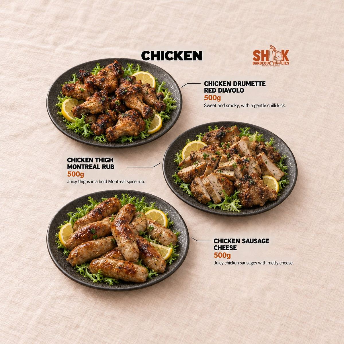 Chicken Drumette Red Diavolo and Chicken Thigh Montreal Rub in the Nice To MEAT You BBQ Set (15-20 pax), Shiok BBQ Singapore
