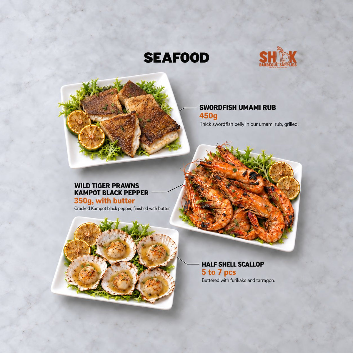 Swordfish Umami Rub, Wild Tiger Prawns Kampot Black Pepper and Half Shell Scallop in the Shiok MINI BBQ Set, Shiok BBQ Singapore